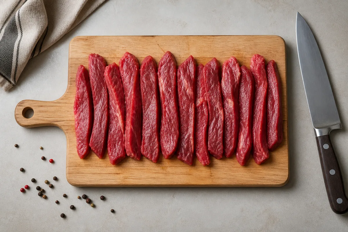 Lanières de bœuf crues coupées sur une planche en bois avec un couteau de cuisine