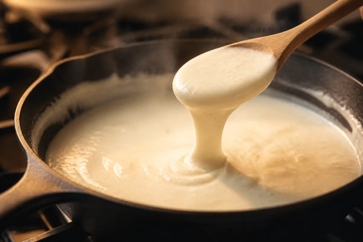 Sauce crémeuse blanche en train de mijoter dans une poêle en fonte