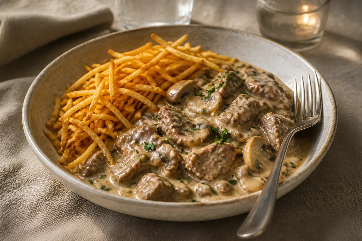 Assiette de bœuf en sauce crémeuse servie avec des pommes de terre allumettes