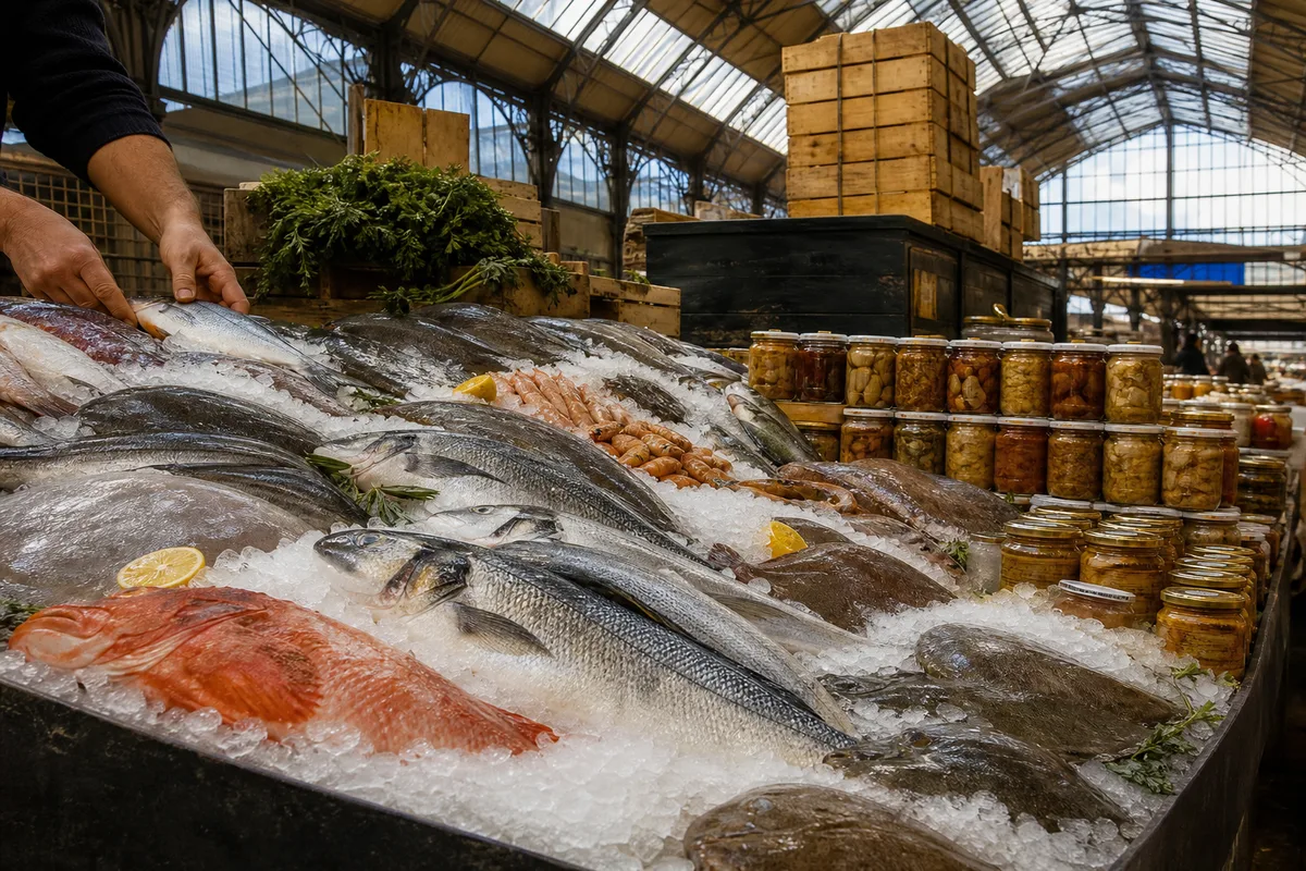 Étal de poissons et de conserves dans une halle couverte andalouse