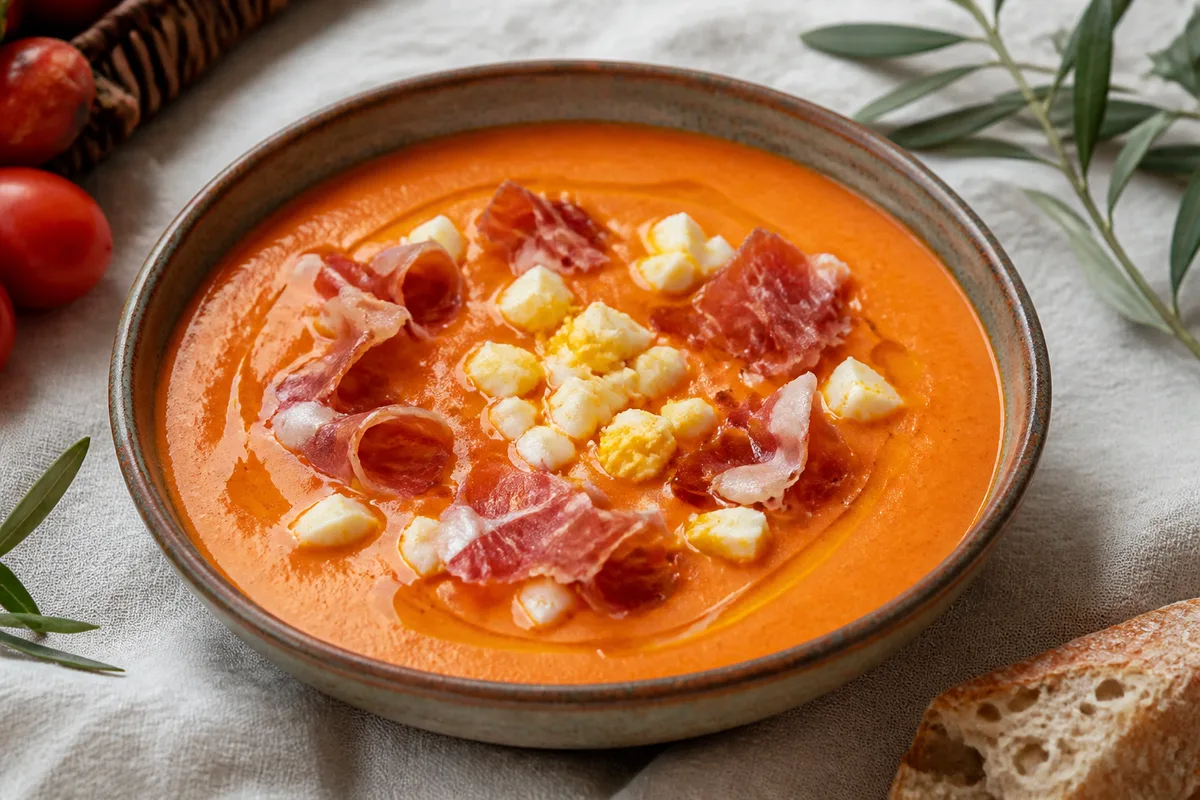 Bol de crème froide de tomate épaisse garnie de jambon et d’œuf