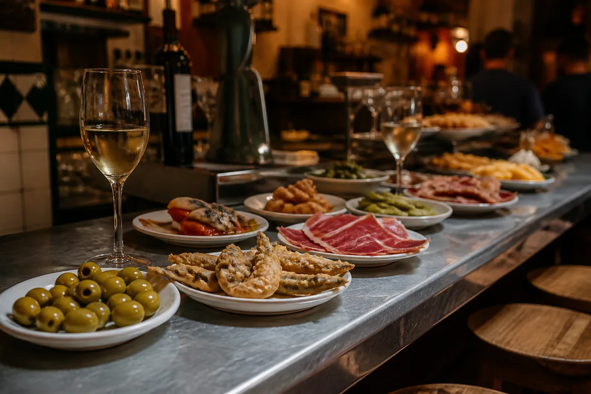Bar à tapas andalou avec petites assiettes posées sur un comptoir en zinc