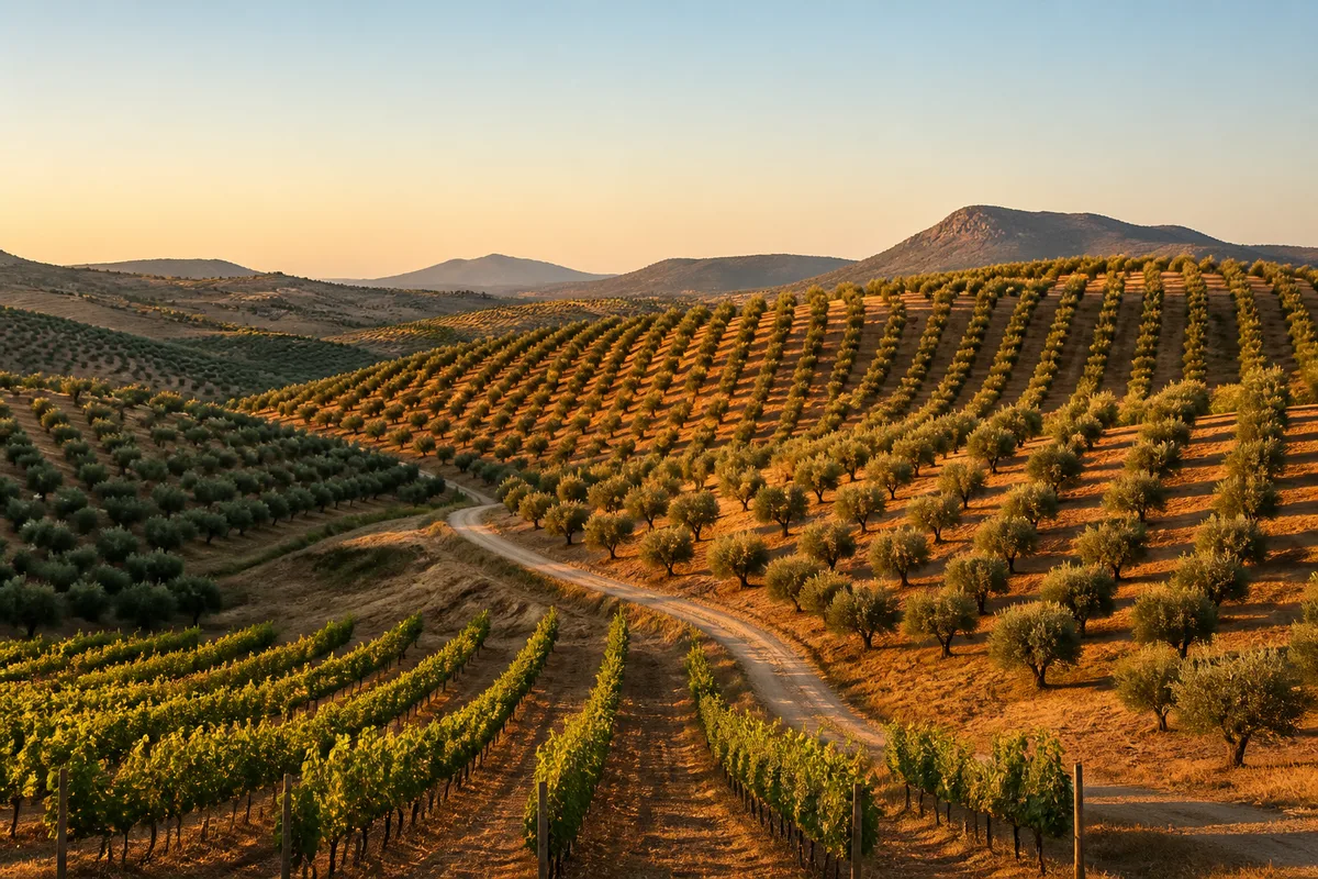 Rangées d’oliviers et de vignes sur les collines andalouses en fin de journée