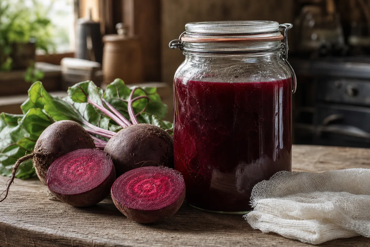 Betteraves crues et bocal de kvas de betterave en fermentation
