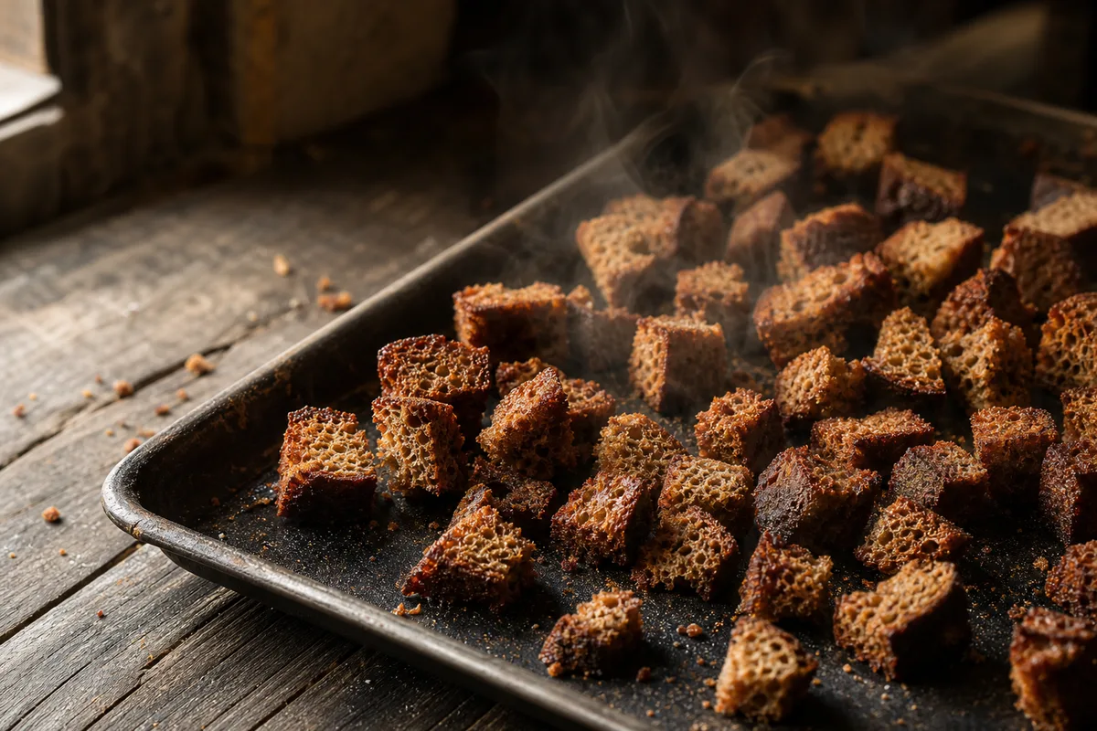 Cubes de pain de seigle toastés, première étape de la recette du kvas