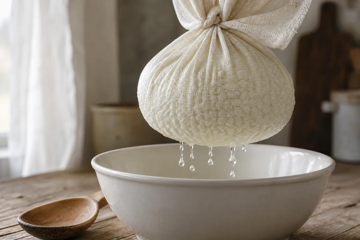 Fromage blanc caillé égoutté dans une étamine posée sur un saladier en céramique