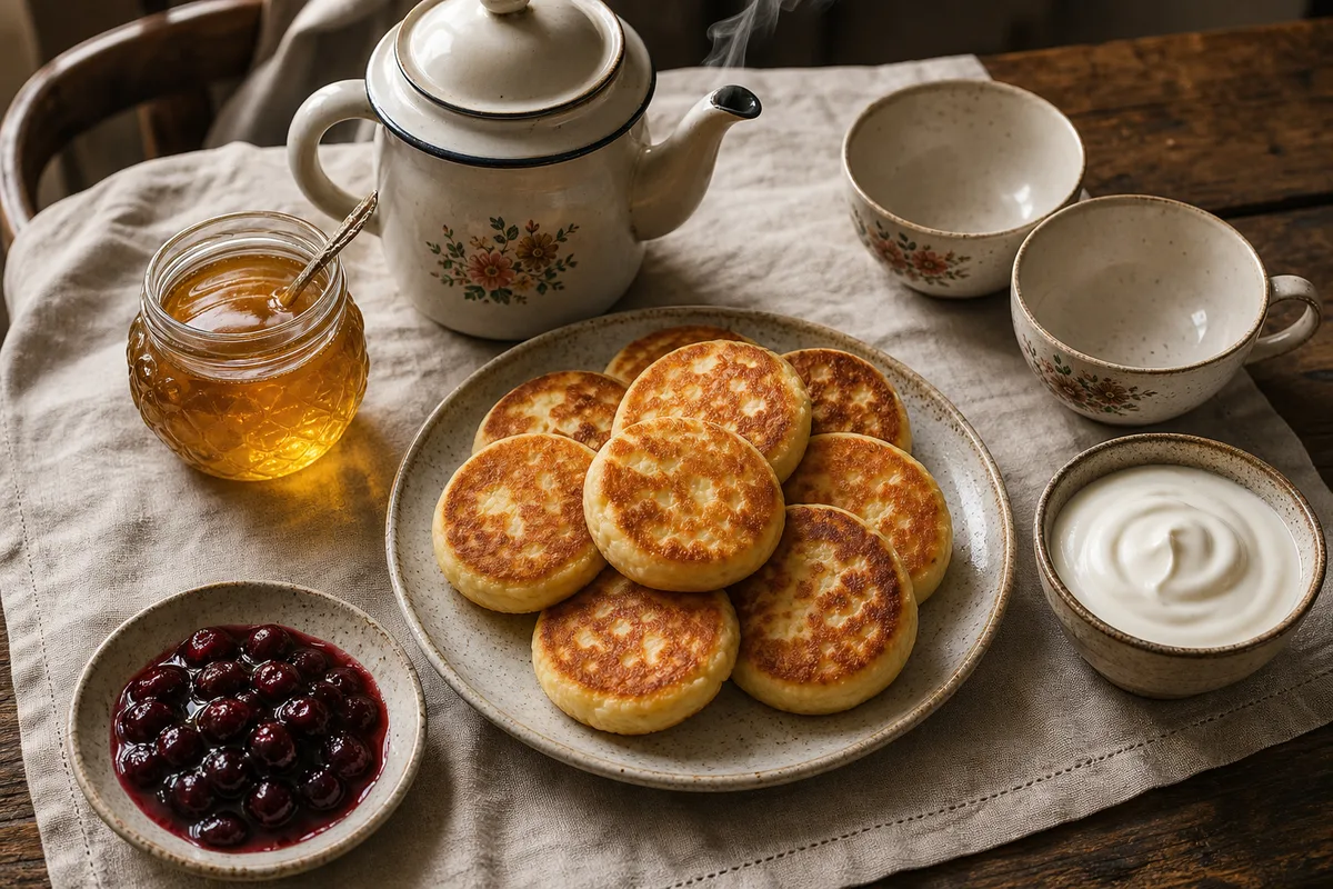 Table de petit-déjeuner avec galettes dorées, crème aigre, confiture de cerises et théière fumante